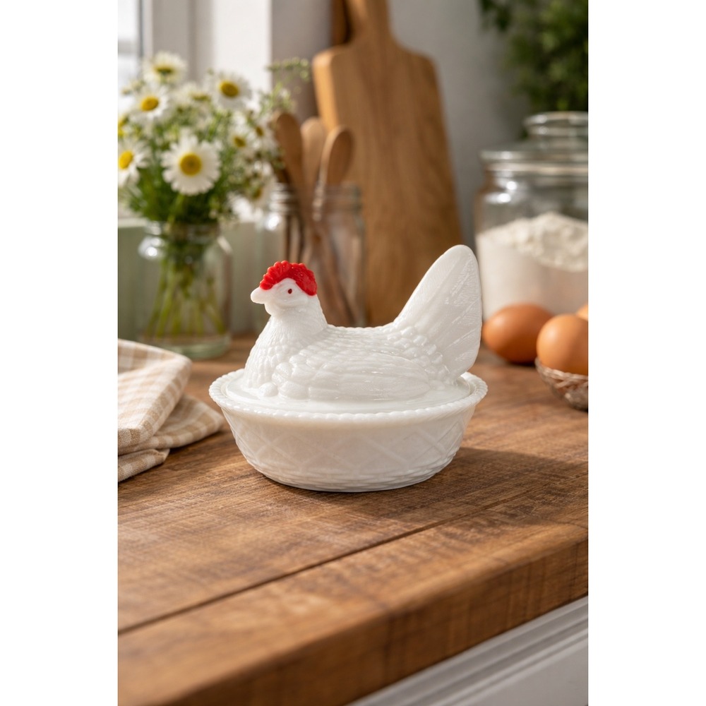 VTG Westmoreland Milk‎ Glass Hen on Nest 5.5" White  Farmhouse Grandmacore  Dish
